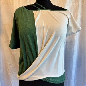 Asymmetrical Green and White Women's Top. Medium